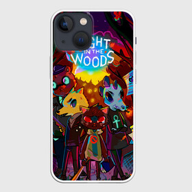 Чехол для iPhone 13 mini с принтом Night in the Woods (1) в Петрозаводске,  |  | Тематика изображения на принте: bear | cat | fox | night | night in the woods | woods | кот | лес | лис | медведь | ночь | ночь в лесу