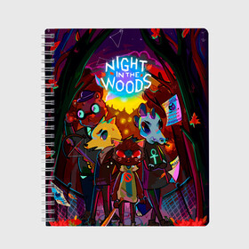 Тетрадь с принтом Night in the Woods (1) в Петрозаводске, 100% бумага | 48 листов, плотность листов — 60 г/м2, плотность картонной обложки — 250 г/м2. Листы скреплены сбоку удобной пружинной спиралью. Уголки страниц и обложки скругленные. Цвет линий — светло-серый
 | bear | cat | fox | night | night in the woods | woods | кот | лес | лис | медведь | ночь | ночь в лесу