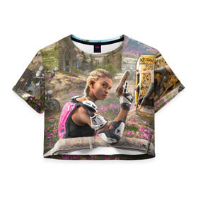 Женская футболка 3D укороченная с принтом Far Cry New Dawn в Петрозаводске, 100% полиэстер | круглая горловина, длина футболки до линии талии, рукава с отворотами | 