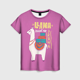 Женская футболка 3D с принтом Lama в Петрозаводске, 100% полиэфир ( синтетическое хлопкоподобное полотно) | прямой крой, круглый вырез горловины, длина до линии бедер | glama | lama | анд | горы | дикое | домашнее | животное | индейци | лама | мех | шерсть