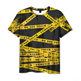Мужская футболка 3D с принтом Улика - не трогать в Петрозаводске, 100% полиэфир | прямой крой, круглый вырез горловины, длина до линии бедер | art | black | dark | evidence | fashion | graffiti | paint | stripes | texture | underground | yellow | желтый | краска | лента | опечатано | преступление | улика | черный