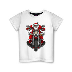Детская футболка хлопок с принтом Санта на байке в Петрозаводске, 100% хлопок | круглый вырез горловины, полуприлегающий силуэт, длина до линии бедер | art | new year | santa | арт | байк | байкер | дед мороз | мороз | мотоцикл | на бацке | новогодний | новый год | рисунок | санта клаус