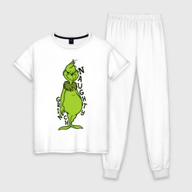 Женская пижама хлопок с принтом Naughty Grinch в Петрозаводске, 100% хлопок | брюки и футболка прямого кроя, без карманов, на брюках мягкая резинка на поясе и по низу штанин | grinch | гринч | новый год | рождество