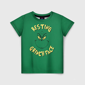 Детская футболка 3D с принтом Resting Grinch Face в Петрозаводске, 100% гипоаллергенный полиэфир | прямой крой, круглый вырез горловины, длина до линии бедер, чуть спущенное плечо, ткань немного тянется | grinch | гринч | новый год | рождество