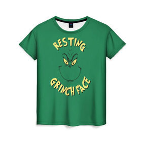Женская футболка 3D с принтом Resting Grinch Face в Петрозаводске, 100% полиэфир ( синтетическое хлопкоподобное полотно) | прямой крой, круглый вырез горловины, длина до линии бедер | grinch | гринч | новый год | рождество