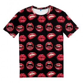 Мужская футболка 3D с принтом Сочный Губки в Петрозаводске, 100% полиэфир | прямой крой, круглый вырез горловины, длина до линии бедер | Тематика изображения на принте: губы | красная помада | любовь | поцелуй | рот