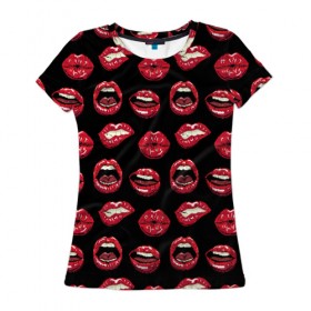 Женская футболка 3D с принтом Сочный Губки в Петрозаводске, 100% полиэфир ( синтетическое хлопкоподобное полотно) | прямой крой, круглый вырез горловины, длина до линии бедер | Тематика изображения на принте: губы | красная помада | любовь | поцелуй | рот