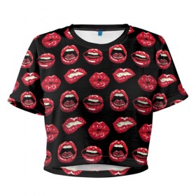 Женская футболка 3D укороченная с принтом Сочный Губки в Петрозаводске, 100% полиэстер | круглая горловина, длина футболки до линии талии, рукава с отворотами | Тематика изображения на принте: губы | красная помада | любовь | поцелуй | рот