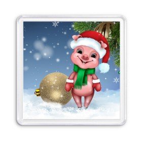 Магнит 55*55 с принтом Поросенок в Петрозаводске, Пластик | Размер: 65*65 мм; Размер печати: 55*55 мм | christmas | елка | зима | игрушка | новый год | поросенок | праздник | рождество | свинка | свинья | символ года | снег | улыбка | хрюшка | шапка | шарик