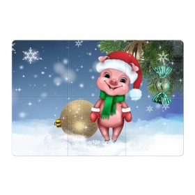 Магнитный плакат 3Х2 с принтом Поросенок в Петрозаводске, Полимерный материал с магнитным слоем | 6 деталей размером 9*9 см | christmas | елка | зима | игрушка | новый год | поросенок | праздник | рождество | свинка | свинья | символ года | снег | улыбка | хрюшка | шапка | шарик