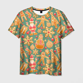 Мужская футболка 3D с принтом Новогодний имбирный пряник в Петрозаводске, 100% полиэфир | прямой крой, круглый вырез горловины, длина до линии бедер | 
