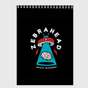 Скетчбук с принтом Zebrahead - Brain Invaders в Петрозаводске, 100% бумага
 | 48 листов, плотность листов — 100 г/м2, плотность картонной обложки — 250 г/м2. Листы скреплены сверху удобной пружинной спиралью | album | brain | core | invaders | mind | rapcore | rock | ufo | zebrahead | альбом | зебрахед | мозг