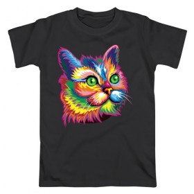 Мужская футболка хлопок с принтом Радужный кот в Петрозаводске, 100% хлопок | прямой крой, круглый вырез горловины, длина до линии бедер, слегка спущенное плечо. | Тематика изображения на принте: cat | cats | colourfully | rainbow | веселый кот | кот | котик | коша | радуга | радужная кошка | разноцветная