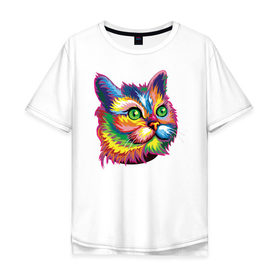 Мужская футболка хлопок Oversize с принтом Радужный кот в Петрозаводске, 100% хлопок | свободный крой, круглый ворот, “спинка” длиннее передней части | Тематика изображения на принте: cat | cats | colourfully | rainbow | веселый кот | кот | котик | коша | радуга | радужная кошка | разноцветная