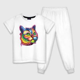 Детская пижама хлопок с принтом Радужный кот в Петрозаводске, 100% хлопок |  брюки и футболка прямого кроя, без карманов, на брюках мягкая резинка на поясе и по низу штанин
 | Тематика изображения на принте: cat | cats | colourfully | rainbow | веселый кот | кот | котик | коша | радуга | радужная кошка | разноцветная