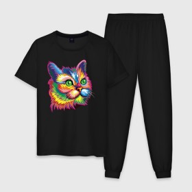 Мужская пижама хлопок с принтом Радужный кот в Петрозаводске, 100% хлопок | брюки и футболка прямого кроя, без карманов, на брюках мягкая резинка на поясе и по низу штанин
 | Тематика изображения на принте: cat | cats | colourfully | rainbow | веселый кот | кот | котик | коша | радуга | радужная кошка | разноцветная