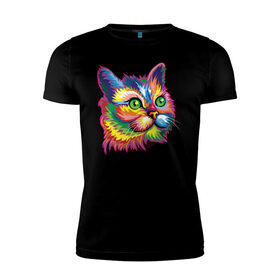 Мужская футболка хлопок Slim с принтом Радужный кот в Петрозаводске, 92% хлопок, 8% лайкра | приталенный силуэт, круглый вырез ворота, длина до линии бедра, короткий рукав | cat | cats | colourfully | rainbow | веселый кот | кот | котик | коша | радуга | радужная кошка | разноцветная