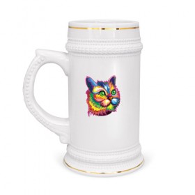 Кружка пивная с принтом Радужный кот в Петрозаводске,  керамика (Материал выдерживает высокую температуру, стоит избегать резкого перепада температур) |  объем 630 мл | cat | cats | colourfully | rainbow | веселый кот | кот | котик | коша | радуга | радужная кошка | разноцветная
