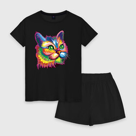 Женская пижама с шортиками хлопок с принтом Радужный кот в Петрозаводске, 100% хлопок | футболка прямого кроя, шорты свободные с широкой мягкой резинкой | cat | cats | colourfully | rainbow | веселый кот | кот | котик | коша | радуга | радужная кошка | разноцветная