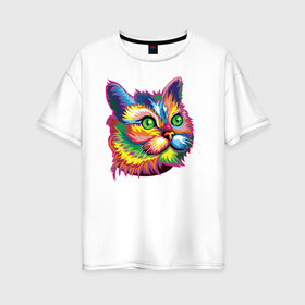 Женская футболка хлопок Oversize с принтом Радужный кот в Петрозаводске, 100% хлопок | свободный крой, круглый ворот, спущенный рукав, длина до линии бедер
 | cat | cats | colourfully | rainbow | веселый кот | кот | котик | коша | радуга | радужная кошка | разноцветная
