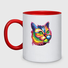 Кружка двухцветная с принтом Радужный кот в Петрозаводске, керамика | объем — 330 мл, диаметр — 80 мм. Цветная ручка и кайма сверху, в некоторых цветах — вся внутренняя часть | cat | cats | colourfully | rainbow | веселый кот | кот | котик | коша | радуга | радужная кошка | разноцветная