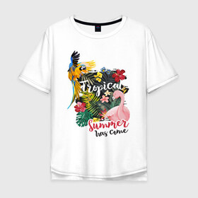 Мужская футболка хлопок Oversize с принтом Тропики в Петрозаводске, 100% хлопок | свободный крой, круглый ворот, “спинка” длиннее передней части | попугай | растения | тропики | фламинго