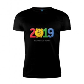 Мужская футболка премиум с принтом Happy New Year 2019 в Петрозаводске, 92% хлопок, 8% лайкра | приталенный силуэт, круглый вырез ворота, длина до линии бедра, короткий рукав | 