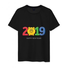 Мужская футболка хлопок с принтом Happy New Year 2019 в Петрозаводске, 100% хлопок | прямой крой, круглый вырез горловины, длина до линии бедер, слегка спущенное плечо. | 