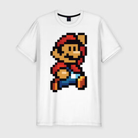 Мужская футболка премиум с принтом Супер Марио в Петрозаводске, 92% хлопок, 8% лайкра | приталенный силуэт, круглый вырез ворота, длина до линии бедра, короткий рукав | 8 бит | 8bit | 8бит | bit | dendy | game | mario | pixel | super mario | денди | марио | пиксель | супер марио