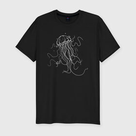 Мужская футболка премиум с принтом Белая медуза векторный рисунок в Петрозаводске, 92% хлопок, 8% лайкра | приталенный силуэт, круглый вырез ворота, длина до линии бедра, короткий рукав | Тематика изображения на принте: art | medusa | vector | абстракция | вектор | медуза | щупальца
