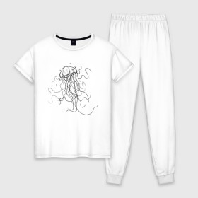 Женская пижама хлопок с принтом Черная медуза векторный рисуно в Петрозаводске, 100% хлопок | брюки и футболка прямого кроя, без карманов, на брюках мягкая резинка на поясе и по низу штанин | art | meduza | абстракция.vector | вектор | медуза | щупальца