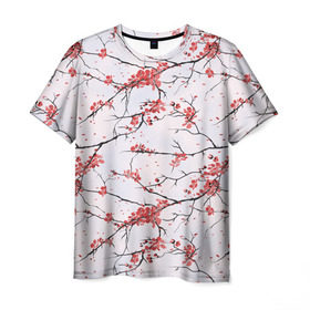 Мужская футболка 3D с принтом Сакура в Петрозаводске, 100% полиэфир | прямой крой, круглый вырез горловины, длина до линии бедер | весна | ветвь | ветка | вишня | куст | кусты | лепестки | сакуры | цветёт | цветы | черешня