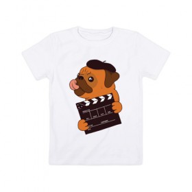 Детская футболка хлопок с принтом Режиссёр Мопс в Петрозаводске, 100% хлопок | круглый вырез горловины, полуприлегающий силуэт, длина до линии бедер | Тематика изображения на принте: дубль | кино | мопс | режиссер | собака | собаки | фильмы