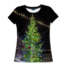 Женская футболка 3D с принтом Рождественская елка в Петрозаводске, 100% полиэфир ( синтетическое хлопкоподобное полотно) | прямой крой, круглый вырез горловины, длина до линии бедер | 