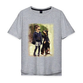 Мужская футболка хлопок Oversize с принтом Девочка и доберман в Петрозаводске, 100% хлопок | свободный крой, круглый ворот, “спинка” длиннее передней части | девочка | доберман | дружба | животные | собака