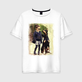 Женская футболка хлопок Oversize с принтом Девочка и доберман в Петрозаводске, 100% хлопок | свободный крой, круглый ворот, спущенный рукав, длина до линии бедер
 | девочка | доберман | дружба | животные | собака