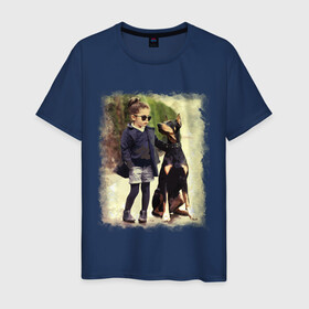 Мужская футболка хлопок с принтом Девочка и доберман в Петрозаводске, 100% хлопок | прямой крой, круглый вырез горловины, длина до линии бедер, слегка спущенное плечо. | девочка | доберман | дружба | животные | собака