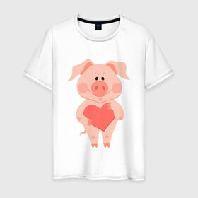 Мужская футболка хлопок с принтом Love Pig в Петрозаводске, 100% хлопок | прямой крой, круглый вырез горловины, длина до линии бедер, слегка спущенное плечо. | Тематика изображения на принте: 2019 | дед мороз | дом | елка | желание | животные | зима | кабан | милый | мороз | настроение | новый год | пеппа | подарок | позитив | поросенок | праздник | радость | рождество | санта клаус | свинка