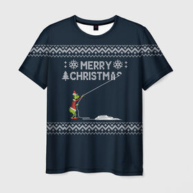 Мужская футболка 3D с принтом Гринч Вязаный в Петрозаводске, 100% полиэфир | прямой крой, круглый вырез горловины, длина до линии бедер | вязаный свитер | вязка | новый год | рождество