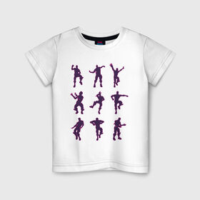 Детская футболка хлопок с принтом Fortnite dance в Петрозаводске, 100% хлопок | круглый вырез горловины, полуприлегающий силуэт, длина до линии бедер | battle | dancer | royale | игрок | контур | силуэты | танец | танцор