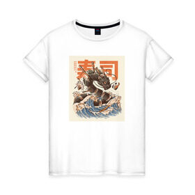 Женская футболка хлопок с принтом Суши дракон в Петрозаводске, 100% хлопок | прямой крой, круглый вырез горловины, длина до линии бедер, слегка спущенное плечо | аниме | дракон | суши