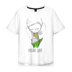 Мужская футболка хлопок Oversize с принтом Vegan Love в Петрозаводске, 100% хлопок | свободный крой, круглый ворот, “спинка” длиннее передней части | Тематика изображения на принте: веганство | вегетарианство | здоровье | зелень | кукуруза | любовь | овощ | овощи | растение