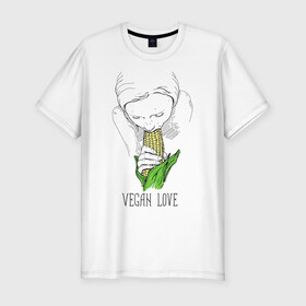 Мужская футболка хлопок Slim с принтом Vegan Love в Петрозаводске, 92% хлопок, 8% лайкра | приталенный силуэт, круглый вырез ворота, длина до линии бедра, короткий рукав | веганство | вегетарианство | здоровье | зелень | кукуруза | любовь | овощ | овощи | растение