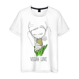 Мужская футболка хлопок с принтом Vegan Love в Петрозаводске, 100% хлопок | прямой крой, круглый вырез горловины, длина до линии бедер, слегка спущенное плечо. | веганство | вегетарианство | здоровье | зелень | кукуруза | любовь | овощ | овощи | растение