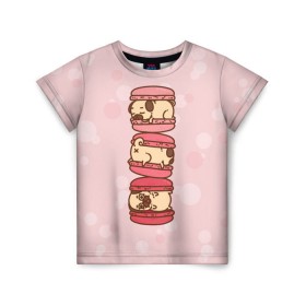 Детская футболка 3D с принтом Мопс Макарун в Петрозаводске, 100% гипоаллергенный полиэфир | прямой крой, круглый вырез горловины, длина до линии бедер, чуть спущенное плечо, ткань немного тянется | pug | десерт | мопс | пирожное | сладость
