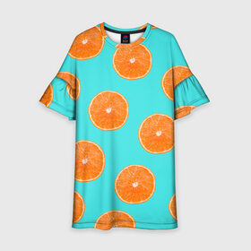 Детское платье 3D с принтом Апельсины в Петрозаводске, 100% полиэстер | прямой силуэт, чуть расширенный к низу. Круглая горловина, на рукавах — воланы | Тематика изображения на принте: апельсин | апельсины | грейпфрукт | грейпфрут | разрез | сочный | фрукт