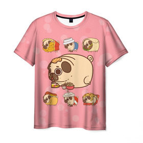 Мужская футболка 3D с принтом Толстый Мопс в Петрозаводске, 100% полиэфир | прямой крой, круглый вырез горловины, длина до линии бедер | fastfood | free | junkfood | pug | бургер | еда | картошка | кола | пицца | собака | фастфуд | фри | хотдог | чипсы | шаурма
