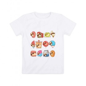 Детская футболка хлопок с принтом Мопсы в Петрозаводске, 100% хлопок | круглый вырез горловины, полуприлегающий силуэт, длина до линии бедер | cockie | fastfood | junkfood | pug | еда | мороженое | печенье | печеньки | пироженое | собака | фастфуд