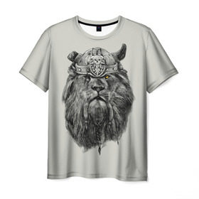 Мужская футболка 3D с принтом Лев Викинг в Петрозаводске, 100% полиэфир | прямой крой, круглый вырез горловины, длина до линии бедер | воин | война | зверь | тату | царь | череп | шлем