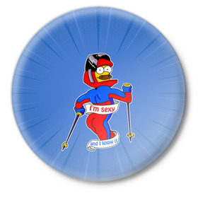 Значок с принтом Нед Фландерс Симпсоны в Петрозаводске,  металл | круглая форма, металлическая застежка в виде булавки | simpsons | зима | лыжник | недфландерс | симпсоны | спорт | фландерс